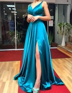 A-Line Spaghetti Straps Long Turquoise Prom Dress with Split simple gentle atmospheric and unique desi Bring summer colors to enhance whiteness
