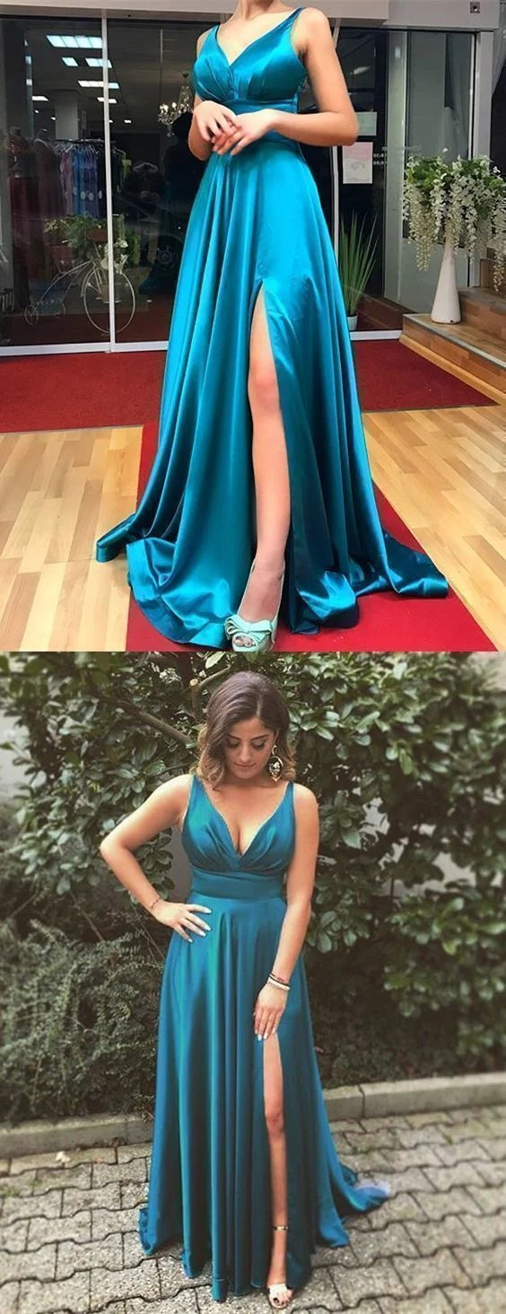 A-Line Spaghetti Straps Long Turquoise Prom Dress with Split simple gentle atmospheric and unique desi Bring summer colors to enhance whiteness