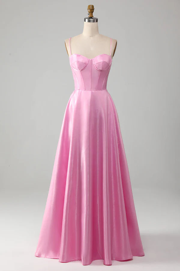 A-Line Spaghetti Straps Pink Corset Prom Dress Simple gentle atmospheric and unique desig