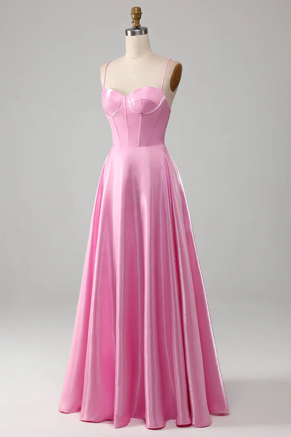 A-Line Spaghetti Straps Pink Corset Prom Dress Simple gentle atmospheric and unique desig