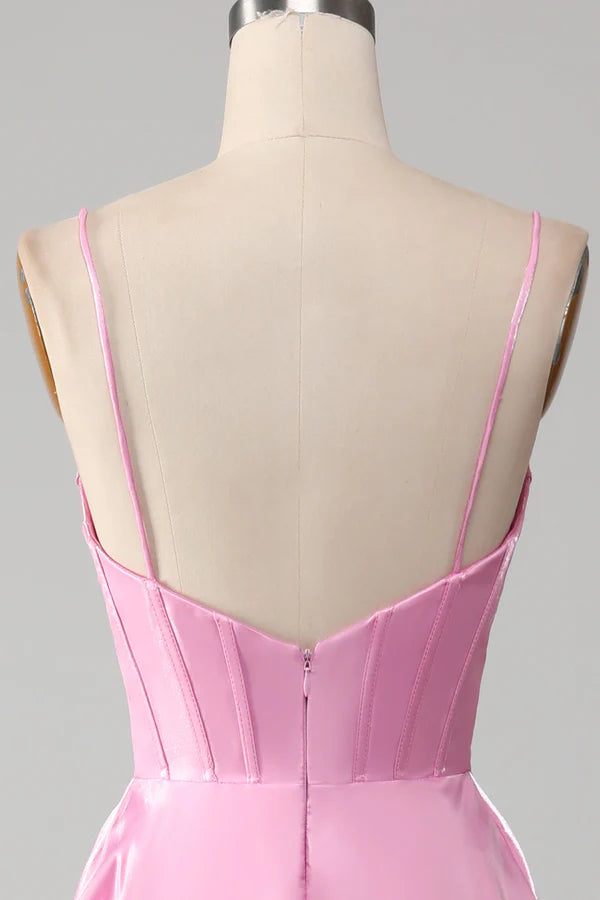 A-Line Spaghetti Straps Pink Corset Prom Dress Simple gentle atmospheric and unique desig
