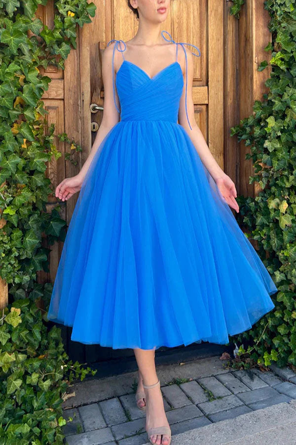 A-Line Spaghetti Straps Tea Length Prom Dress Blue Homecoming Dress simple gentle atmospheric and unique desi Bring summer colors to enhance whiteness