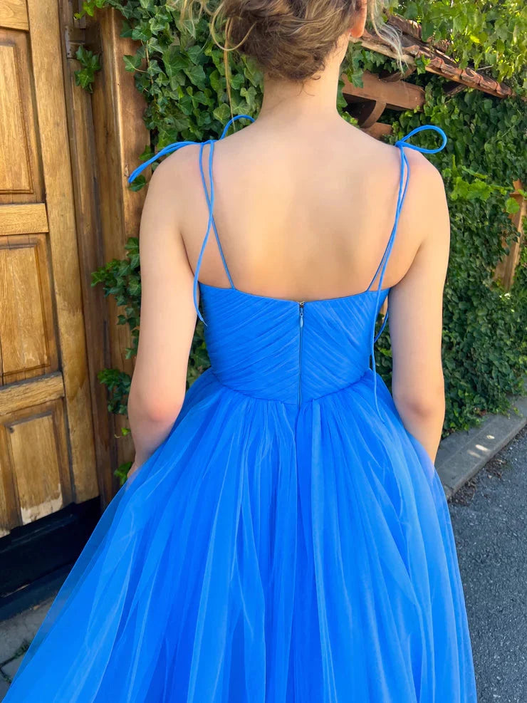 A-Line Spaghetti Straps Tea Length Prom Dress Blue Homecoming Dress simple gentle atmospheric and unique desi Bring summer colors to enhance whiteness