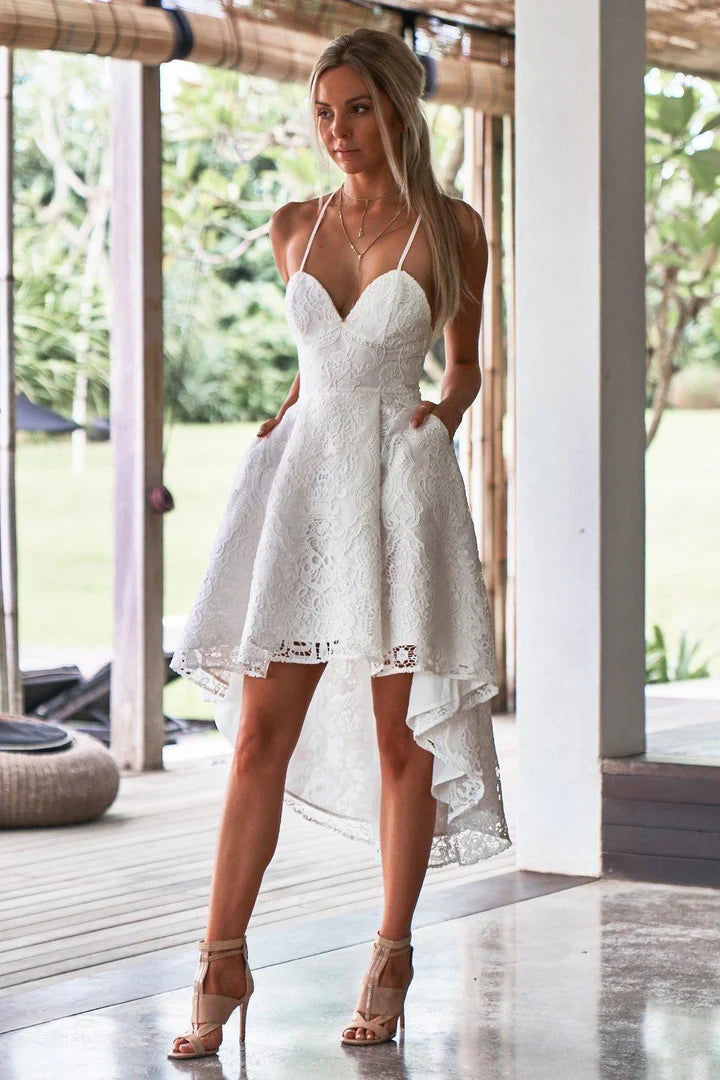A-Line Spaghetti Straps White Lace High Low prom Dress with Pockets simple gentle atmospheric and unique desi Bring summer colors to enhance whiteness