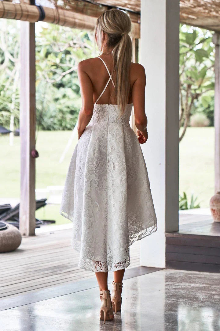 A-Line Spaghetti Straps White Lace High Low prom Dress with Pockets simple gentle atmospheric and unique desi Bring summer colors to enhance whiteness