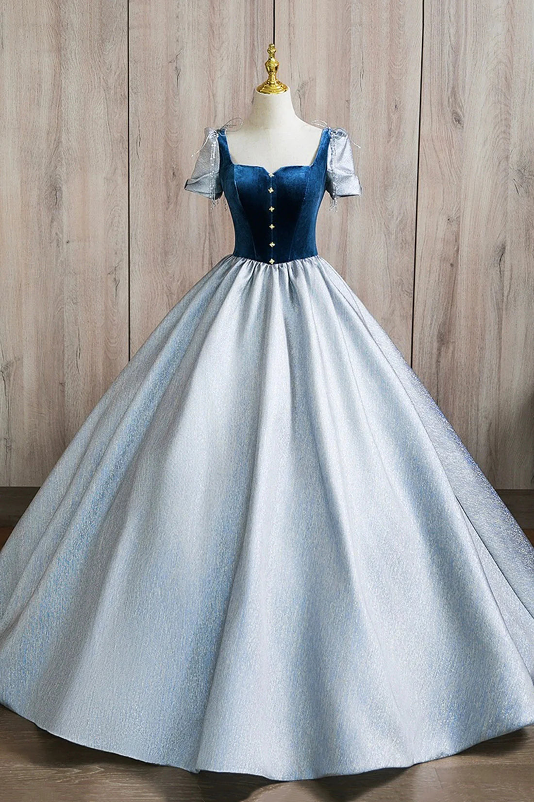 A-Line Square Neckline Floor Length Prom Dress Blue Short Sleeve Evening Party Dress simple gentle atmospheric and unique desi Bring summer