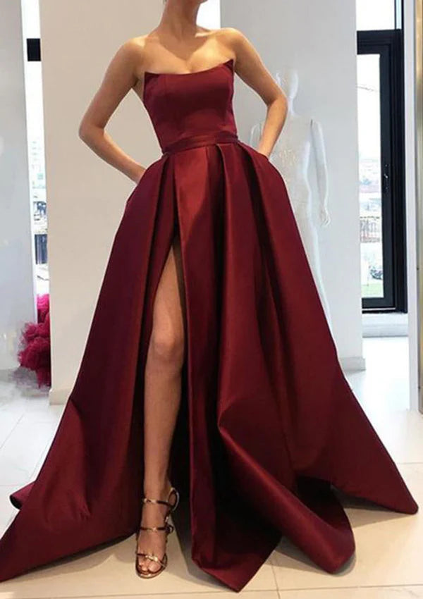 A-Line Square Neckline Long Satin Prom Dress/Evening Dress With Pockets Split Simple gentle atmospheric and unique design