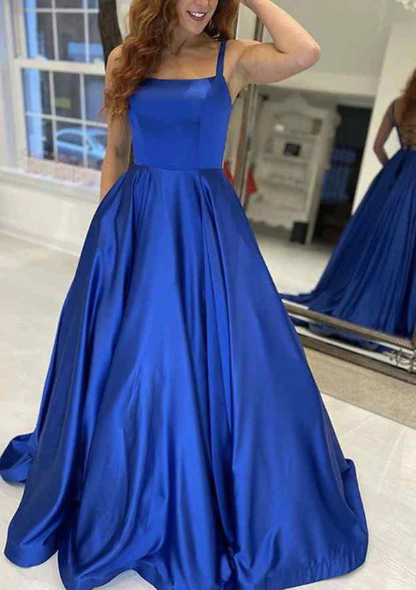 A-Line Square Neckline Satin Prom Dress/Evening Dress With Pockets and Sweep Train Simple gentle atmospheric and unique design  ﻿
