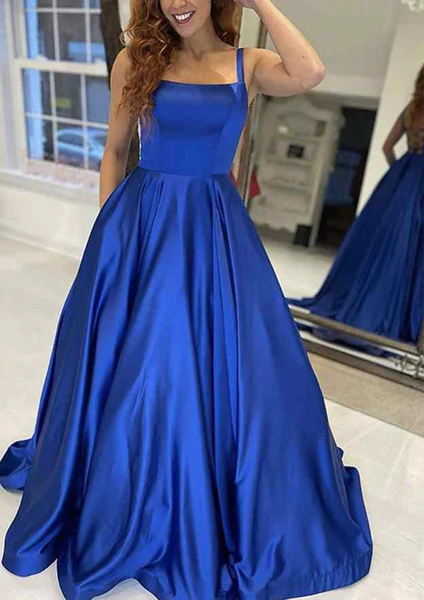 A-Line Square Neckline Satin Prom Dress/Evening Dress With Pockets and Sweep Train Simple gentle atmospheric and unique design  ﻿