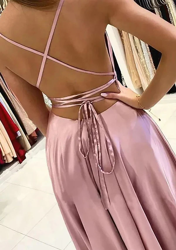 A-Line Square Neckline Sleeveless Satin Sweep Train Prom Dress/Evening Dress With Pleated Simple gentle atmospheric and unique design