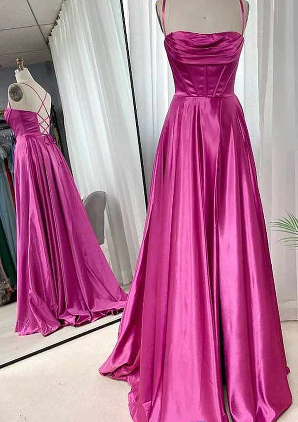 A-Line Square Neckline Spaghetti Straps Sweep Train Charmeuse Prom Dress/Evening Dress With Pleated Simple gentle atmospheric and unique design