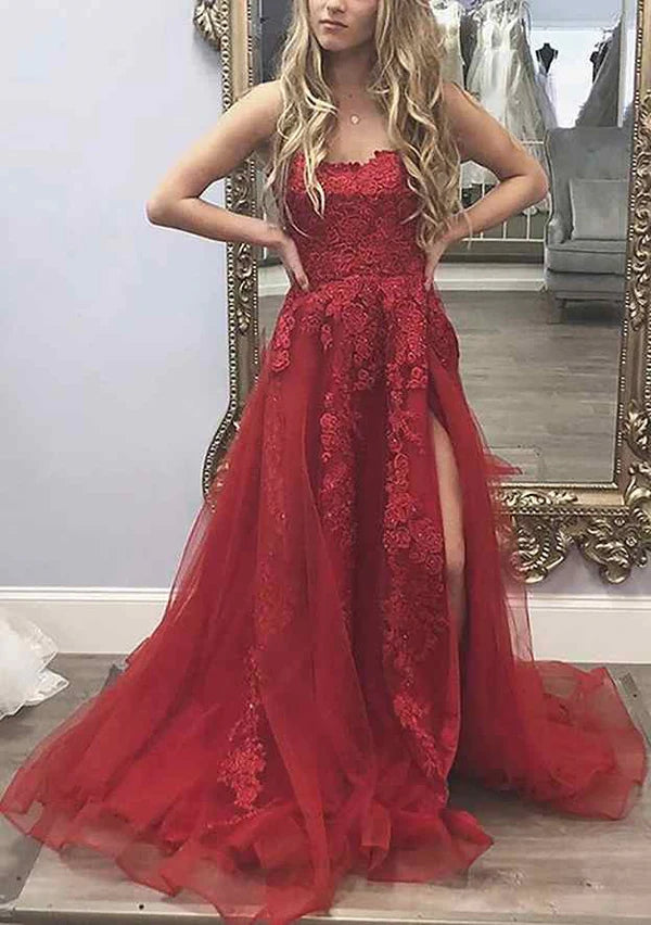 A-Line Square Neckline Tulle Prom Dress/Evening Dress with Spaghetti Straps and Sweep Train Split AppliquedSimple gentle atmospheric and unique design