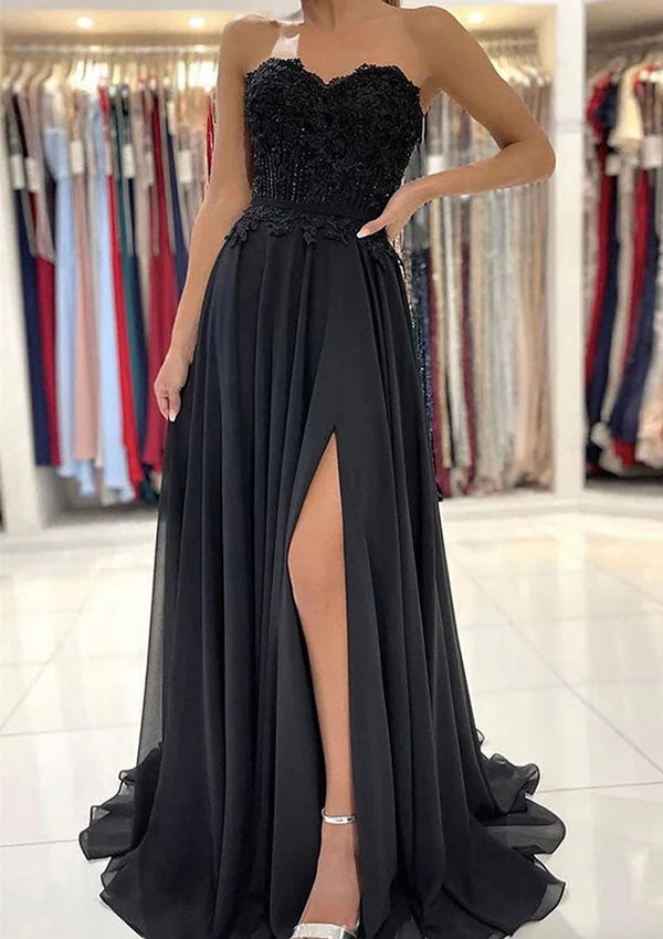 A-Line Sweetheart Chiffon Prom Dress/Evening Dress with Laced Beading Split and Sweep Train Simple gentle atmospheric and unique design  ﻿