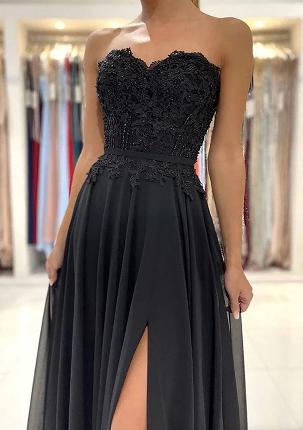 A-Line Sweetheart Chiffon Prom Dress/Evening Dress with Laced Beading Split and Sweep Train Simple gentle atmospheric and unique design  ﻿