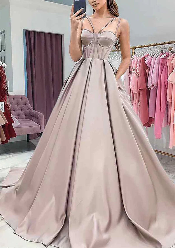 A-Line Sweetheart Sleeveless Satin Prom Dress/Evening Dress with Pockets and Sweep Train Simple gentle atmospheric and unique design