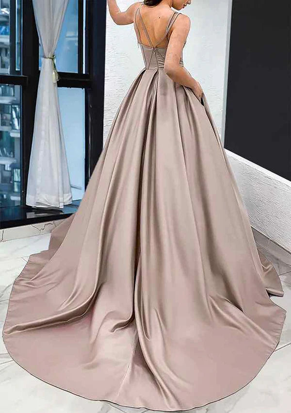 A-Line Sweetheart Sleeveless Satin Prom Dress/Evening Dress with Pockets and Sweep Train Simple gentle atmospheric and unique design