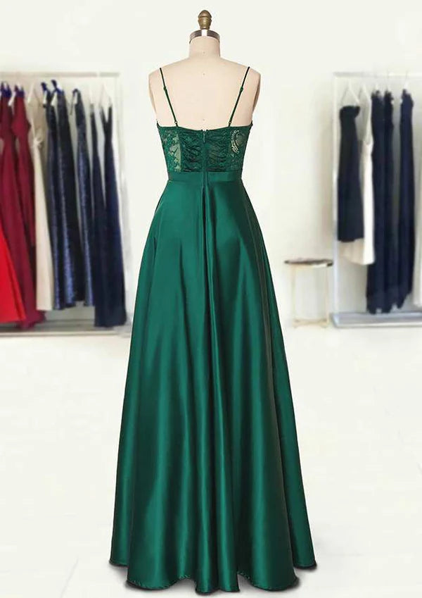 A-Line Sweetheart Spaghetti Straps Long/Floor-Length Satin Prom Dress/Evening Dress With Appliqued Pockets Simple gentle atmospheric and unique design  ﻿