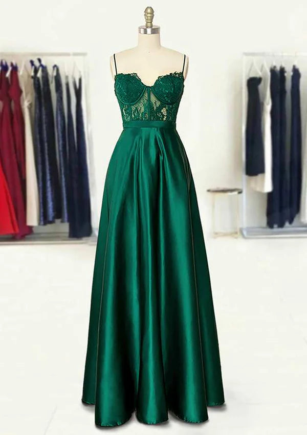 A-Line Sweetheart Spaghetti Straps Long/Floor-Length Satin Prom Dress/Evening Dress With Appliqued Pockets Simple gentle atmospheric and unique design  ﻿
