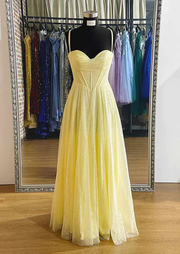 A-Line Sweetheart Spaghetti Straps Long/Floor-Length Tulle Prom Dress/Evening Dress With Pleated Glitter Simple gentle atmospheric and unique design