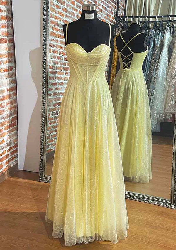 A-Line Sweetheart Spaghetti Straps Long/Floor-Length Tulle Prom Dress/Evening Dress With Pleated Glitter Simple gentle atmospheric and unique design