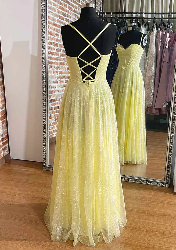 A-Line Sweetheart Spaghetti Straps Long/Floor-Length Tulle Prom Dress/Evening Dress With Pleated Glitter Simple gentle atmospheric and unique design