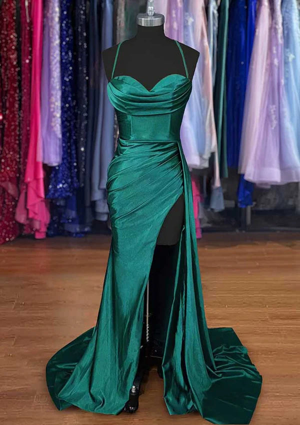 A-Line Sweetheart Spaghetti Straps Prom Dress/Evening Dress in Silk-like Satin with Sweep Train and Ruched Detailing Simple gentle atmospheric and unique design