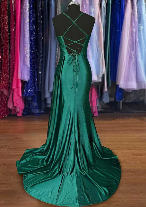 A-Line Sweetheart Spaghetti Straps Prom Dress/Evening Dress in Silk-like Satin with Sweep Train and Ruched Detailing Simple gentle atmospheric and unique design