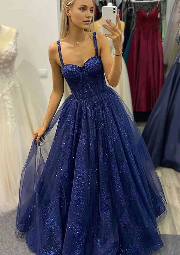 A-Line Sweetheart Spaghetti Straps Tulle Glitter Prom Dress/Evening Dress Simple gentle atmospheric and unique design
