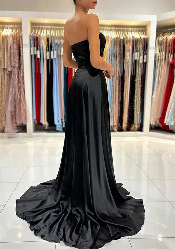 A-Line Sweetheart Strapless Charmeuse Prom Dress/Evening Dress with Pleated Split and Sweep Train Simple gentle atmospheric and unique design