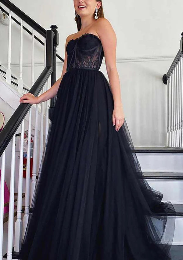 A-Line Sweetheart Strapless Tulle Prom Dress/Evening Dress With Appliqued Detail Simple gentle atmospheric and unique design  ﻿