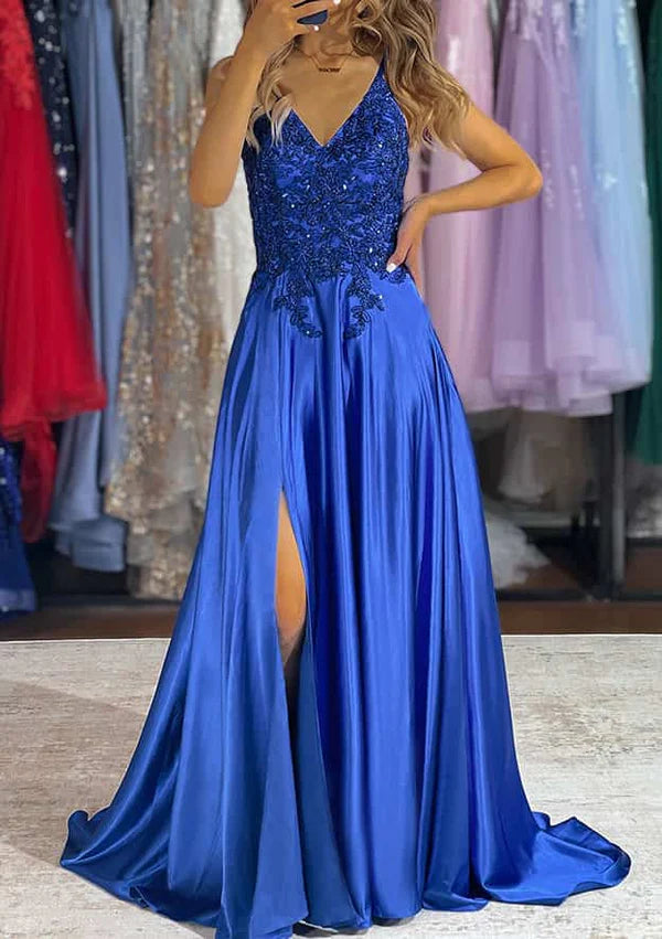 A-Line V-Neck Charmeuse Prom Dress/Evening Dress with Beading Sequins and Split Simple gentle atmospheric and unique design