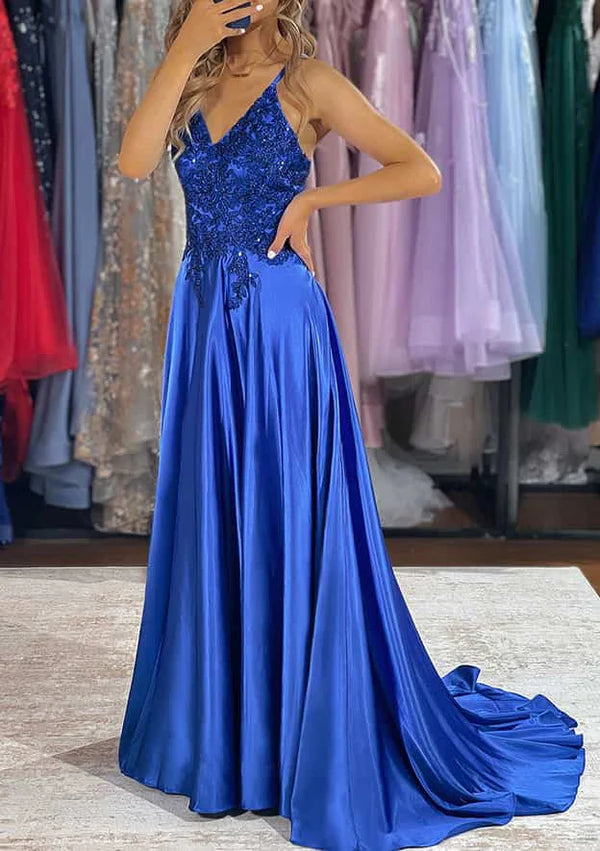 A-Line V-Neck Charmeuse Prom Dress/Evening Dress with Beading Sequins and Split Simple gentle atmospheric and unique design