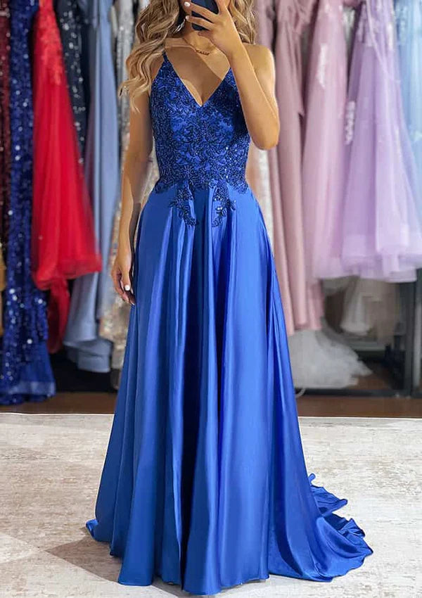 A-Line V-Neck Charmeuse Prom Dress/Evening Dress with Beading Sequins and Split Simple gentle atmospheric and unique design