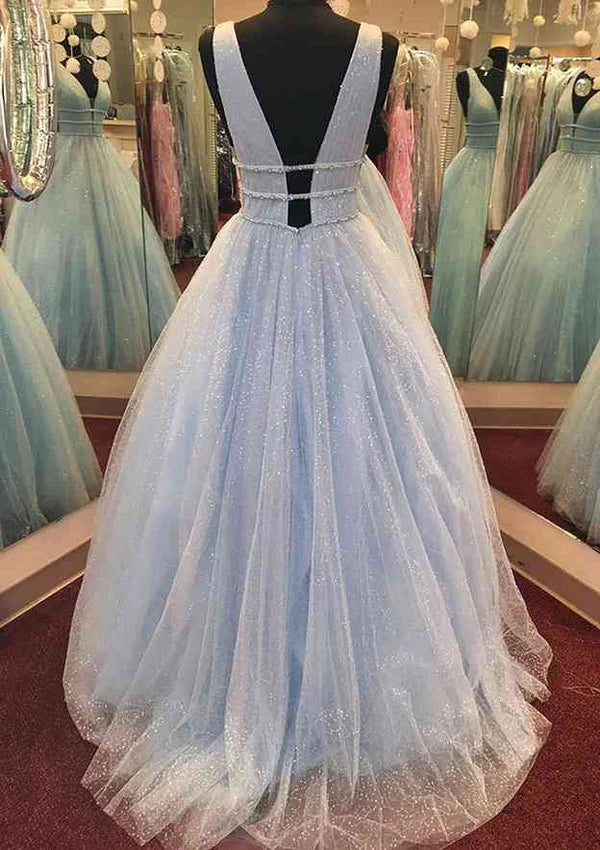 A-Line V-Neck Glitter Prom Dress/Evening Dress with Beading and Long Floor-Length Tulle Simple gentle atmospheric and unique design