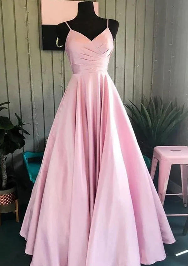 A-Line V-Neck Long Satin Prom Dress/Evening Dress with Pleats Simple gentle atmospheric and unique design