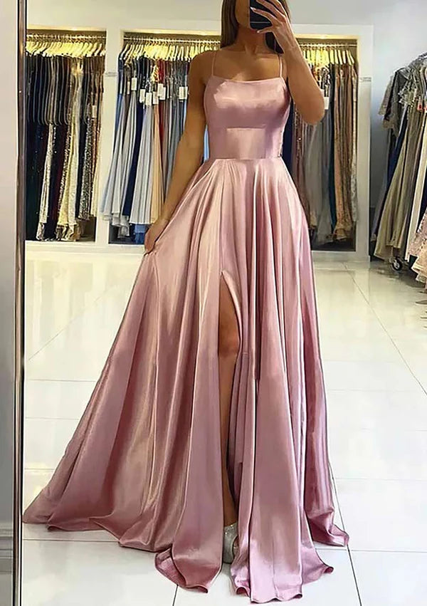 A-Line V-Neck Long Satin Prom Dress/Evening Dress with Pleats Simple gentle atmospheric and unique design