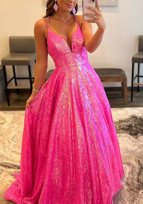 A-Line V-Neck Prom Dress/Evening Dress with Sequins and Sweep Train Simple gentle atmospheric and unique design