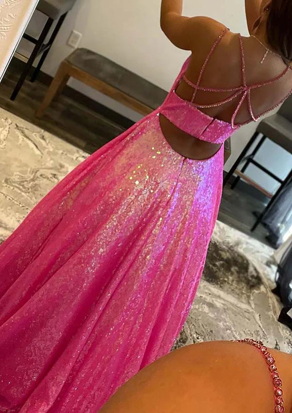 A-Line V-Neck Prom Dress/Evening Dress with Sequins and Sweep Train Simple gentle atmospheric and unique design