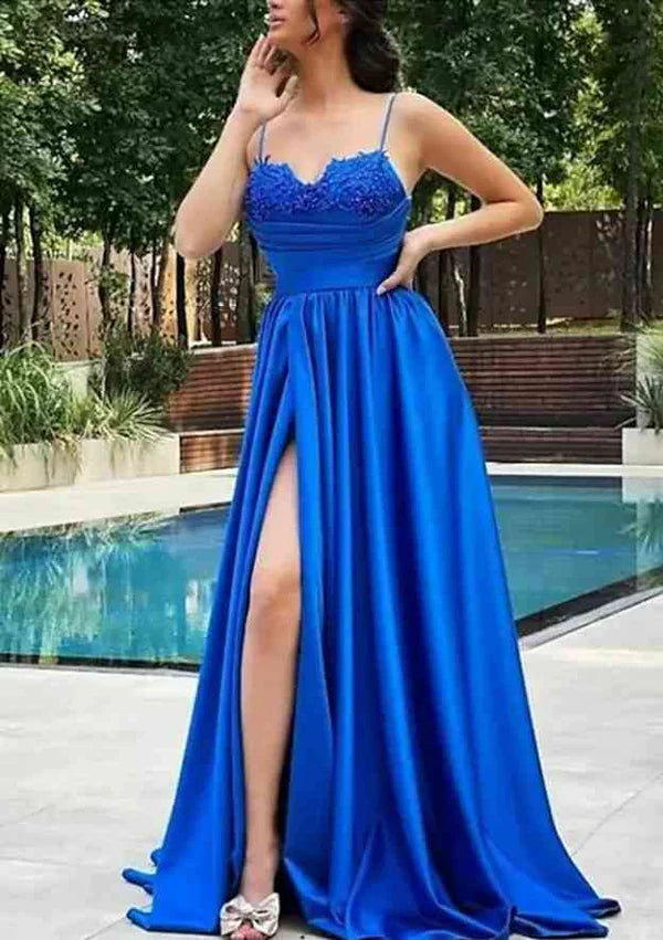 A-Line V-Neck Satin Prom Dress/Evening Dress With Beading Pleats and Split Simple gentle atmospheric and unique design