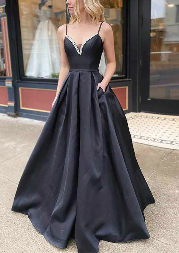 A-Line V-Neck Satin Prom Dress/Evening Dress With Beading Pockets and Spaghetti Straps for Floor-Length Look Simple gentle atmospheric and unique design