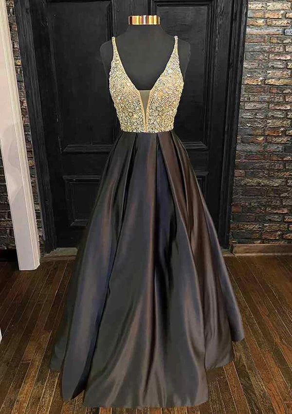 A-Line V-Neck Satin Prom Dress/Evening Dress With Beading Sequins and Spaghetti Straps Simple gentle atmospheric and unique design