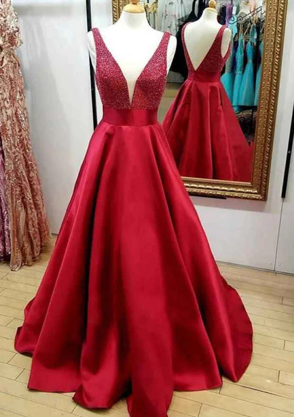A-Line V-Neck Satin Prom Dress/Evening Dress With Beading and Regular Straps Long/Floor-Length Simple gentle atmospheric and unique design