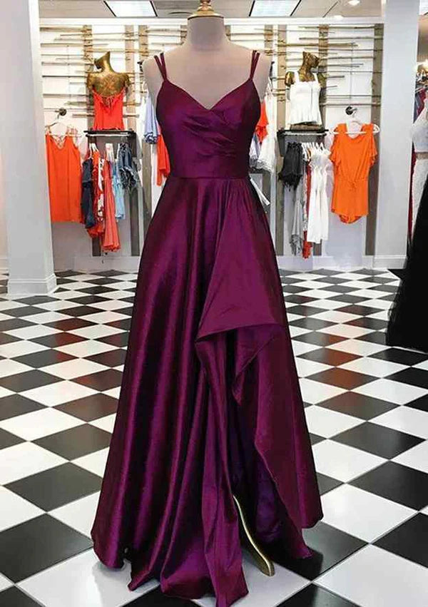 A-Line V-Neck Satin Prom Dress/Evening Dress with Pleated Split and Spaghetti Straps for Long/Floor-Length Look Simple gentle atmospheric and unique design