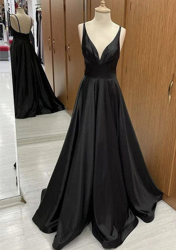 A-Line V-Neck Satin Prom Dress/Evening Dress with Pleated Sweep Train Simple gentle atmospheric and unique design