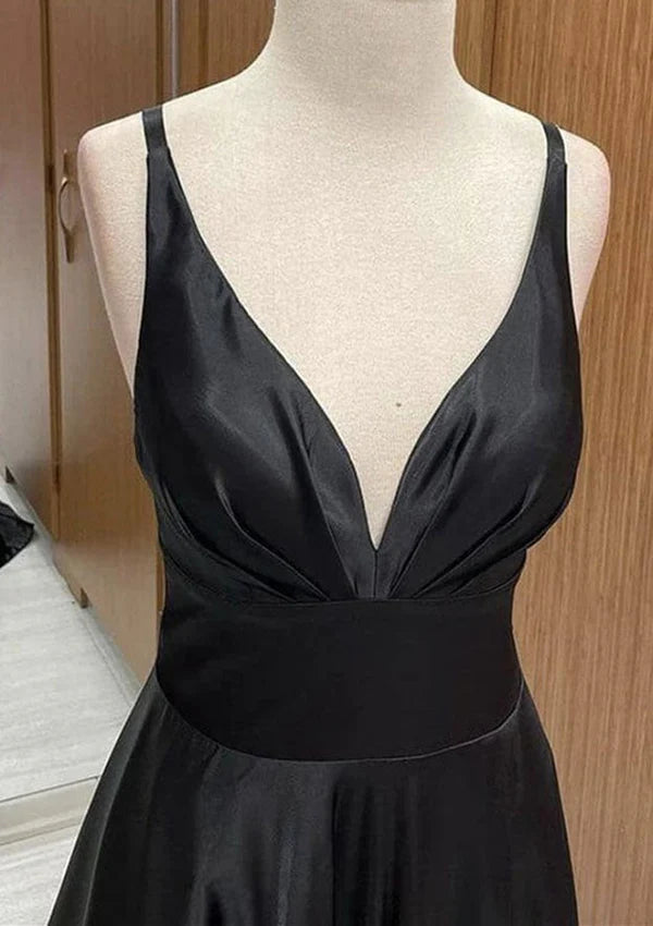 A-Line V-Neck Satin Prom Dress/Evening Dress with Pleated Sweep Train Simple gentle atmospheric and unique design