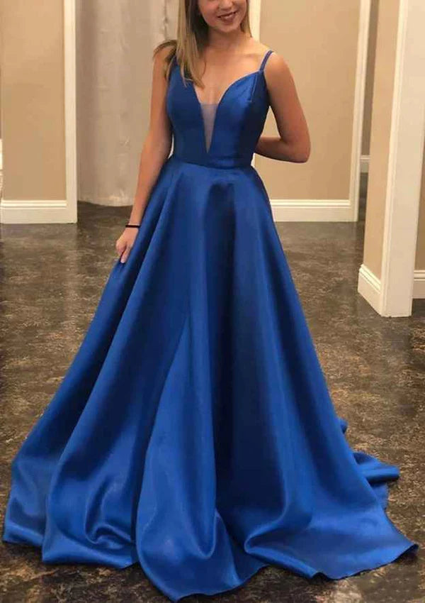 A-Line V-Neck Satin Prom Dress/Evening Dress with Spaghetti Straps Simple gentle atmospheric and unique design