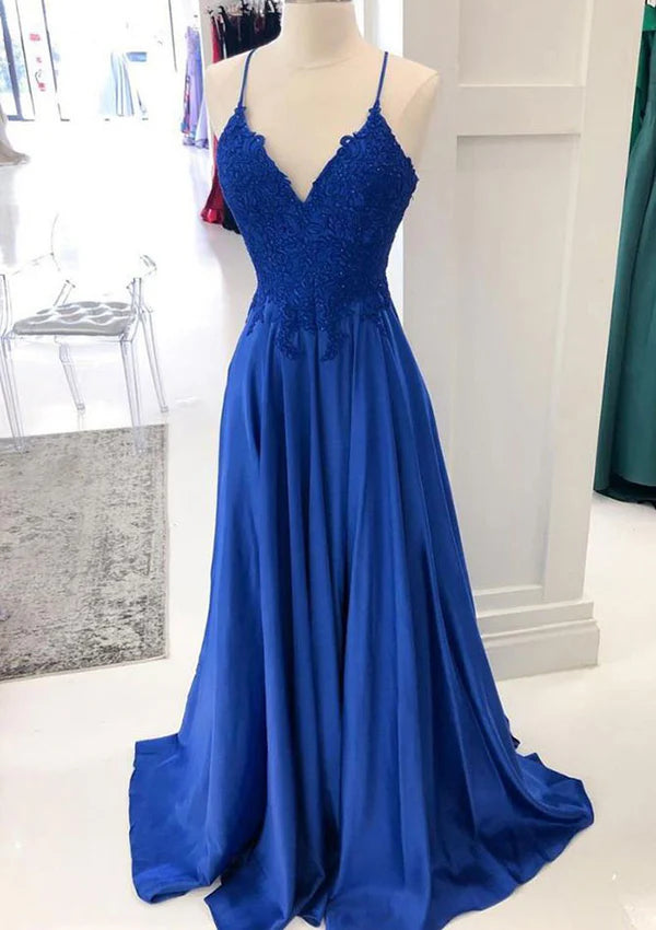A-Line V-Neck Sleeveless Charmeuse Prom Dress/Evening Dress With Appliqued Beading Laced for Long/Floor-Length Look Simple gentle atmospheric and unique design