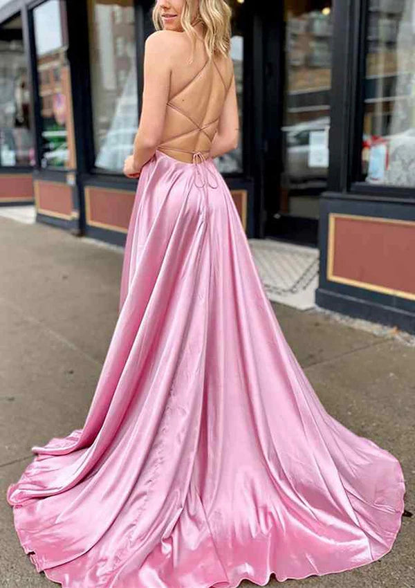 A-Line V-Neck Sleeveless Charmeuse Prom Dress/Evening Dress With Pockets and Sweep Train Simple gentle atmospheric and unique design