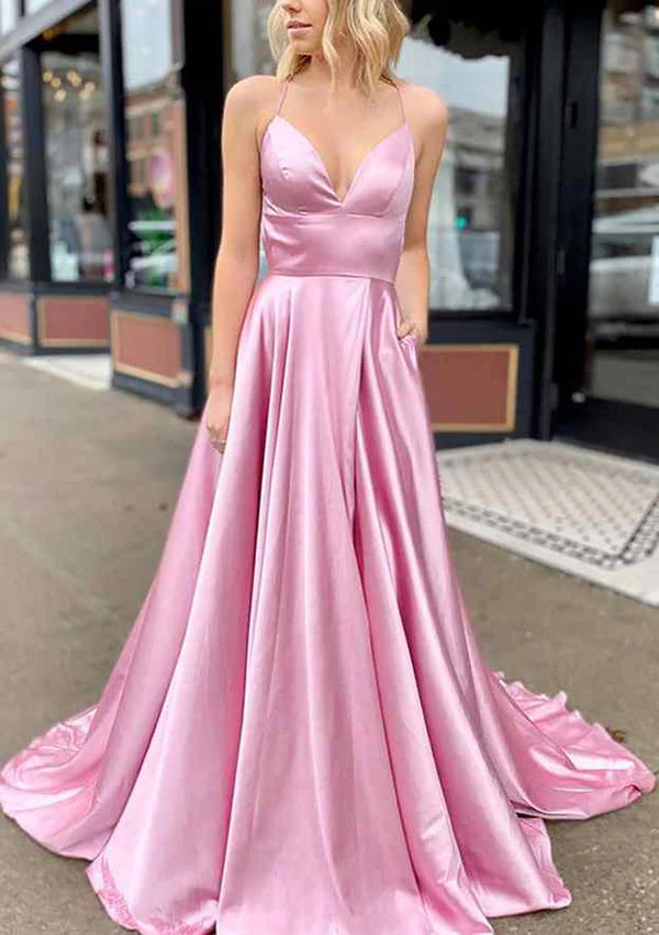 A-Line V-Neck Sleeveless Charmeuse Prom Dress/Evening Dress With Pockets and Sweep Train Simple gentle atmospheric and unique design