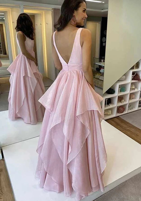 A-Line V-Neck Sleeveless Chiffon Long Prom Dress/Evening Dress with Pleated Skirt Simple gentle atmospheric and unique design  ﻿